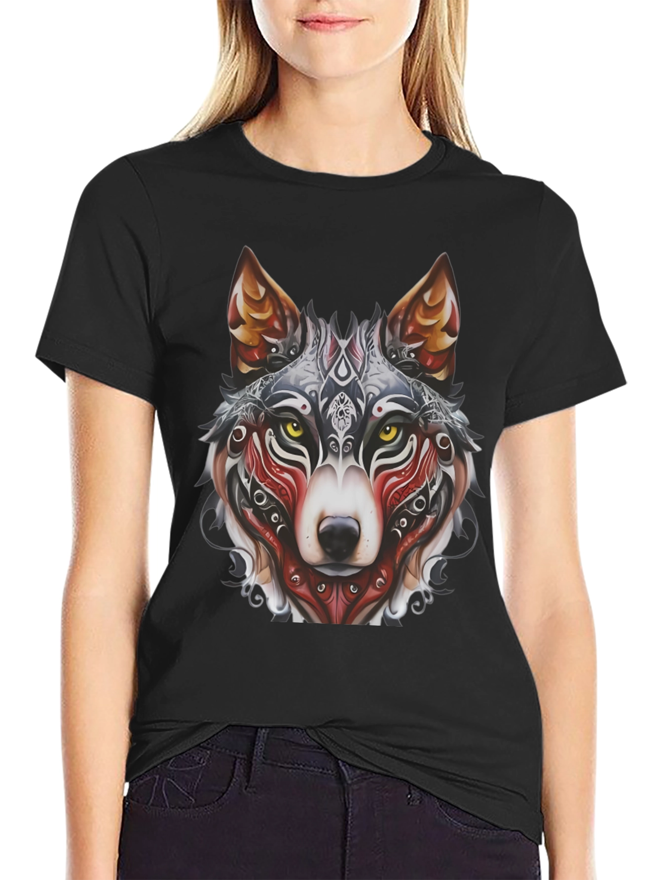 Wolf Graphic Black T-Shirt - Tribal Design