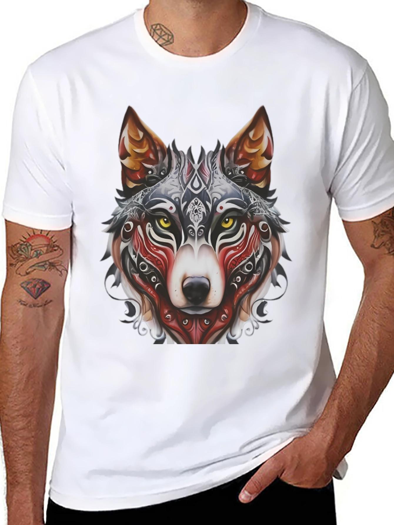 Wolf Graphic Black T-Shirt - Tribal Design