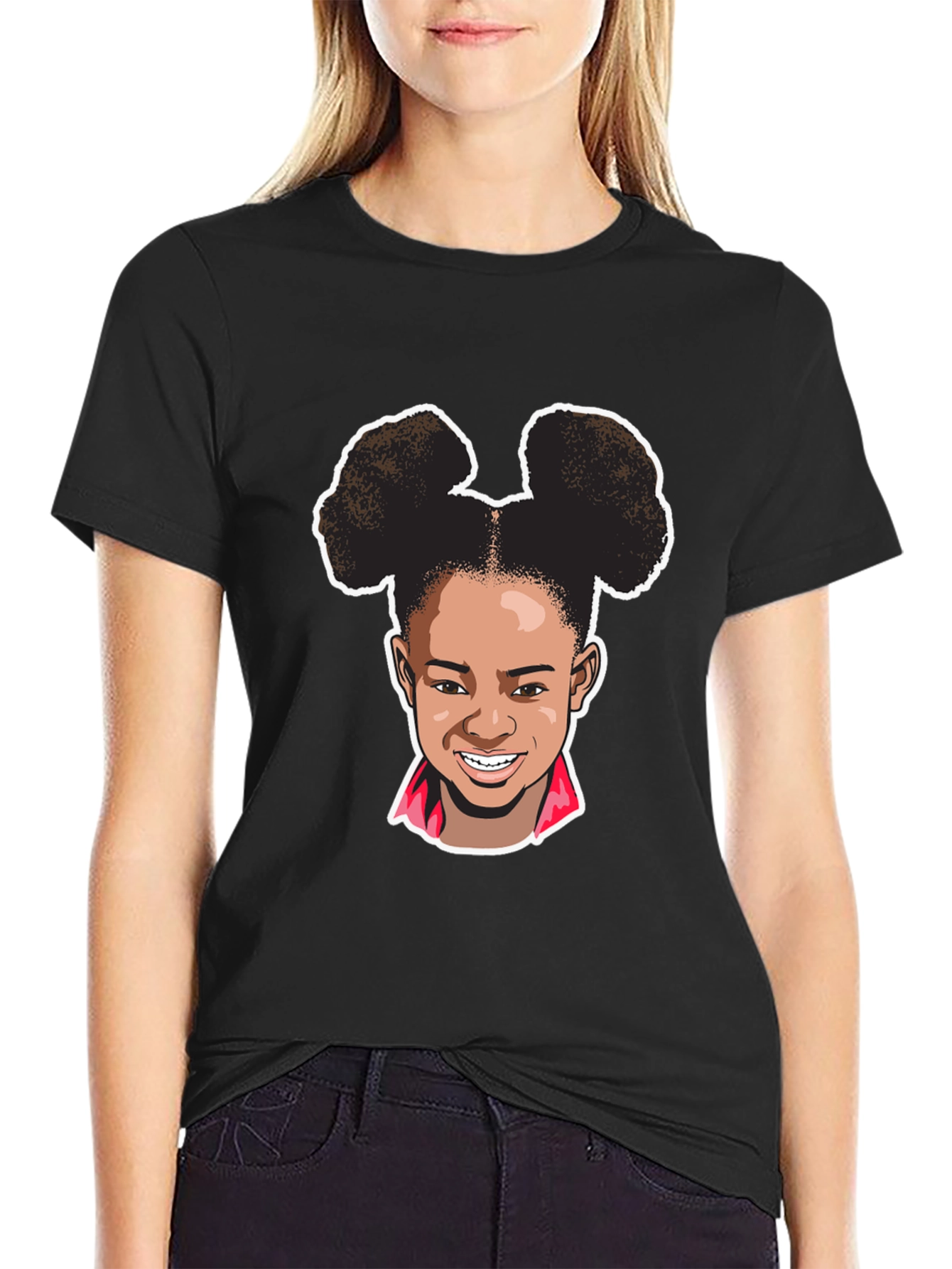 Cartoon Girl Graphic Tee - Black Cotton T-Shirt
