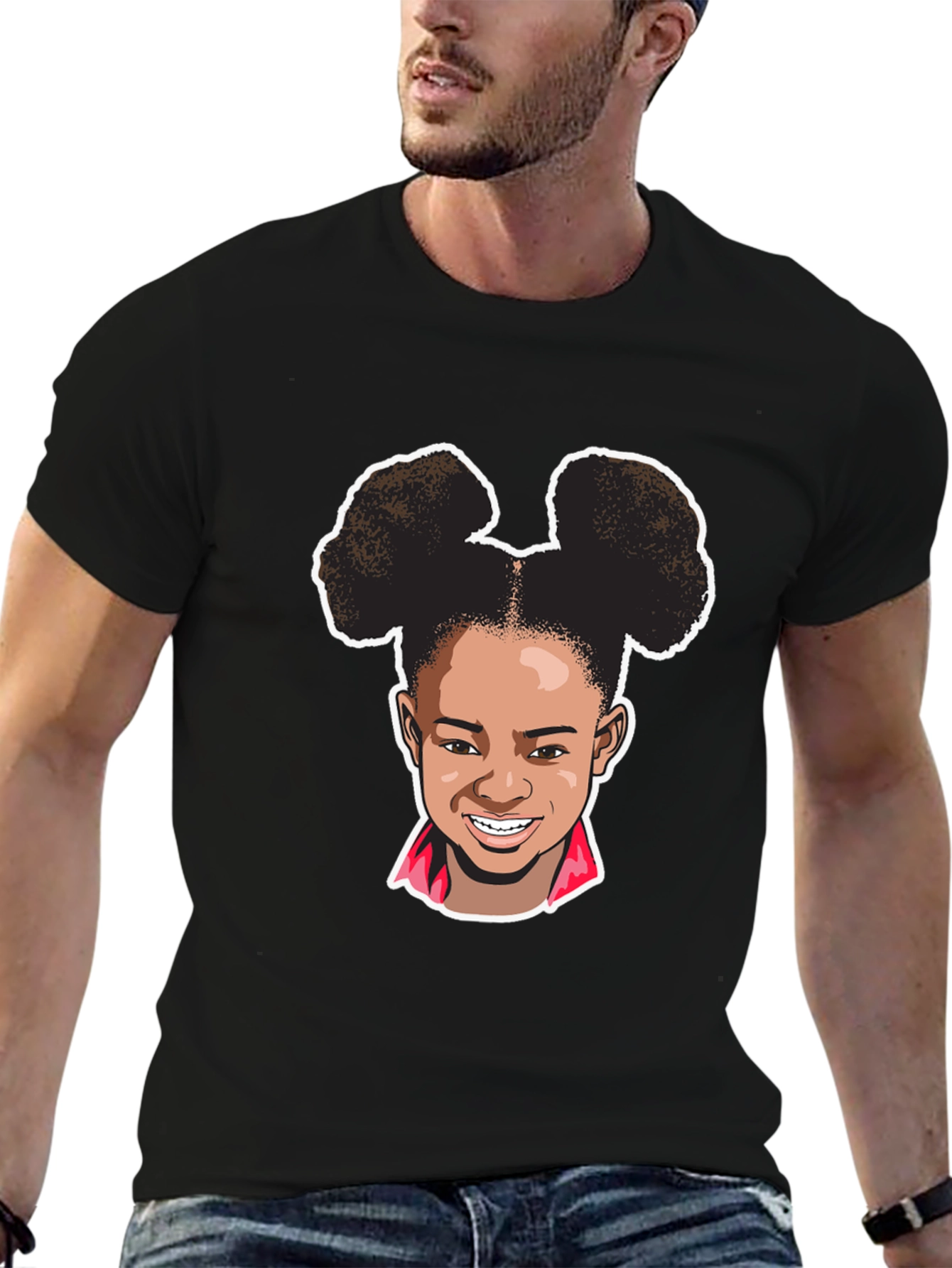 Cartoon Girl Graphic Tee - Black Cotton T-Shirt