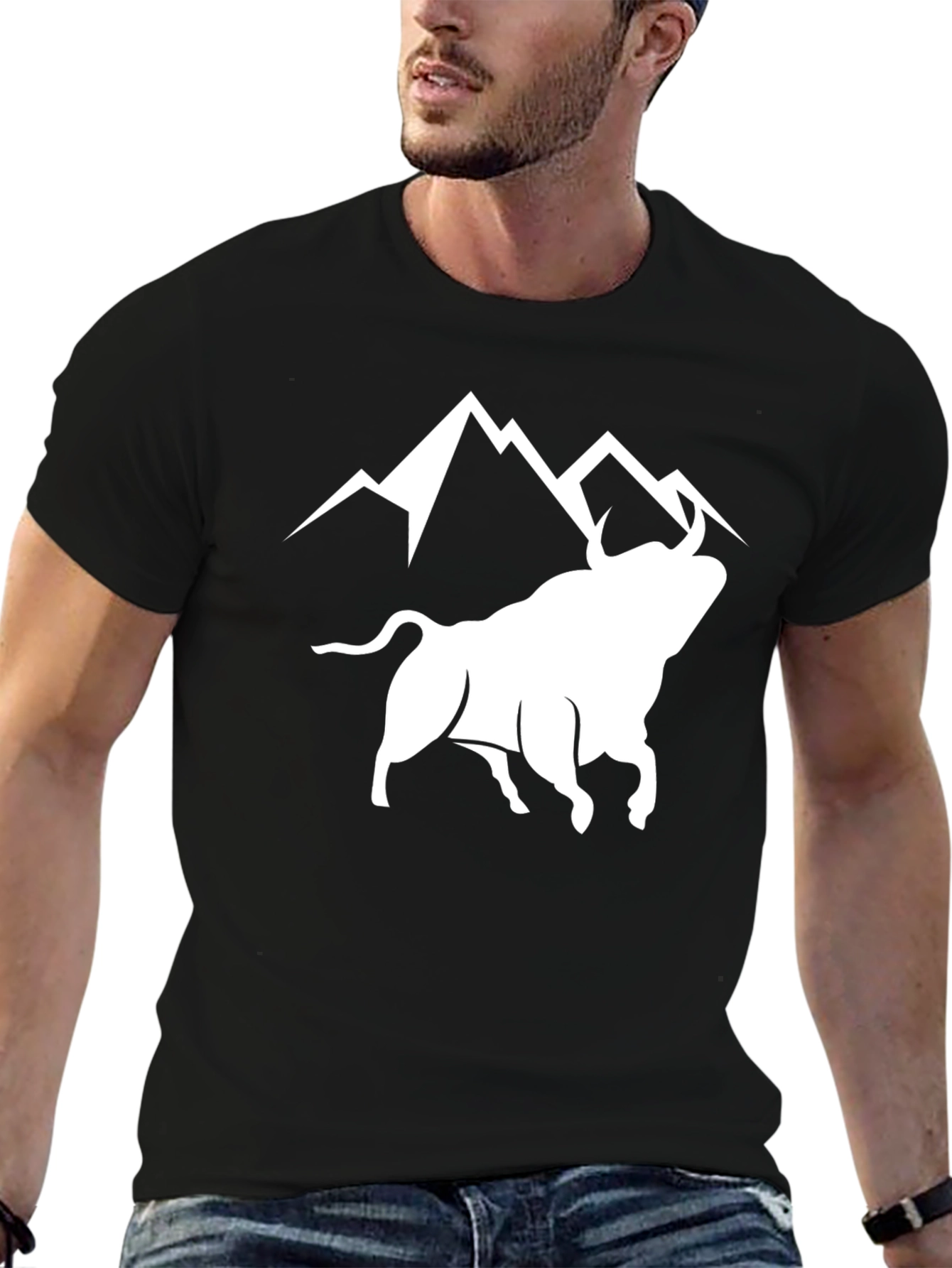 Bull & Mountain Graphic Tee - Stylish Black T-Shirt