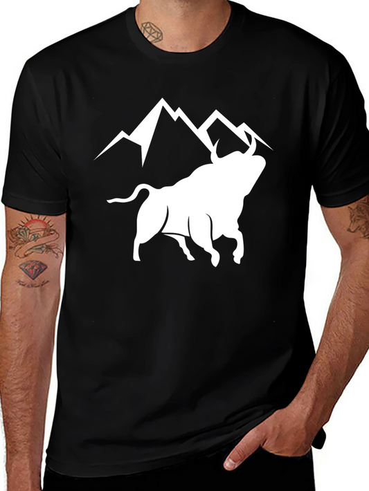 Bull & Mountain Graphic Tee - Stylish Black T-Shirt