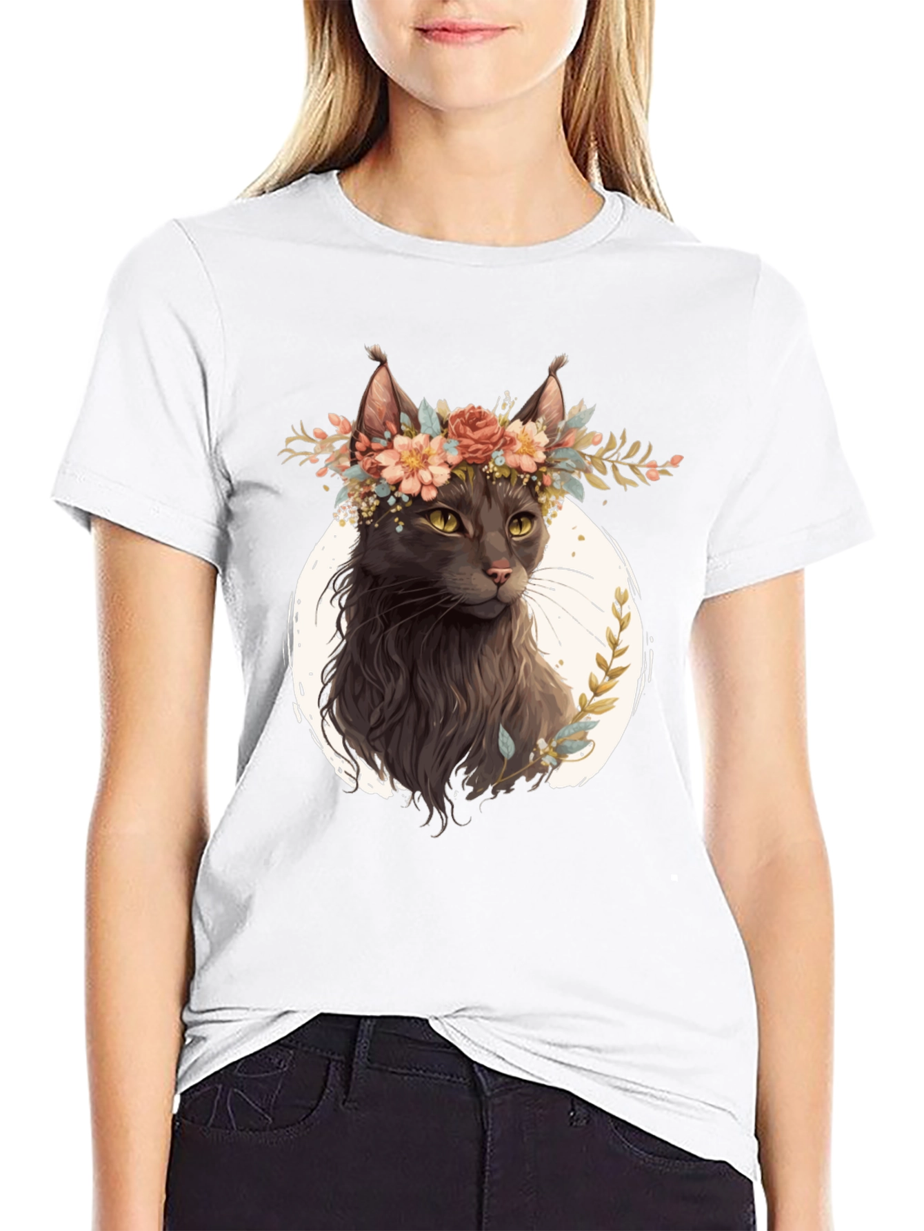 Cat Lover T-Shirt: Floral Crown Feline Tee