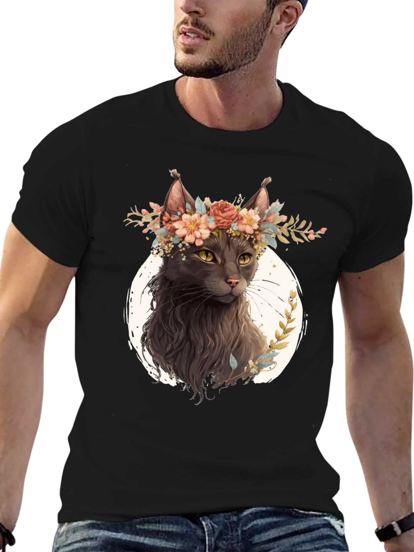 Cat Lover T-Shirt: Floral Crown Feline Tee