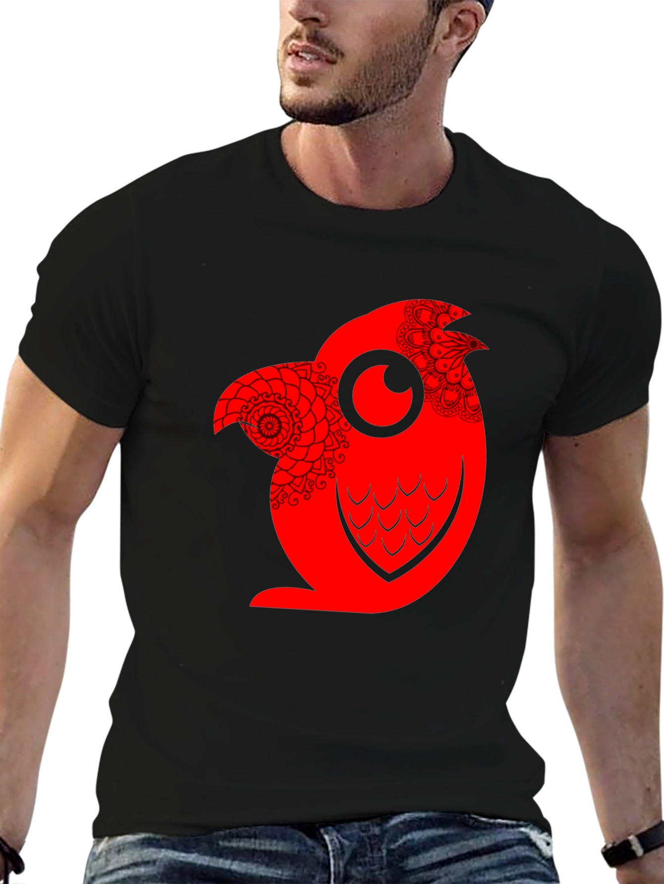 Red Owl Graphic Print Mens Black T-Shirt
