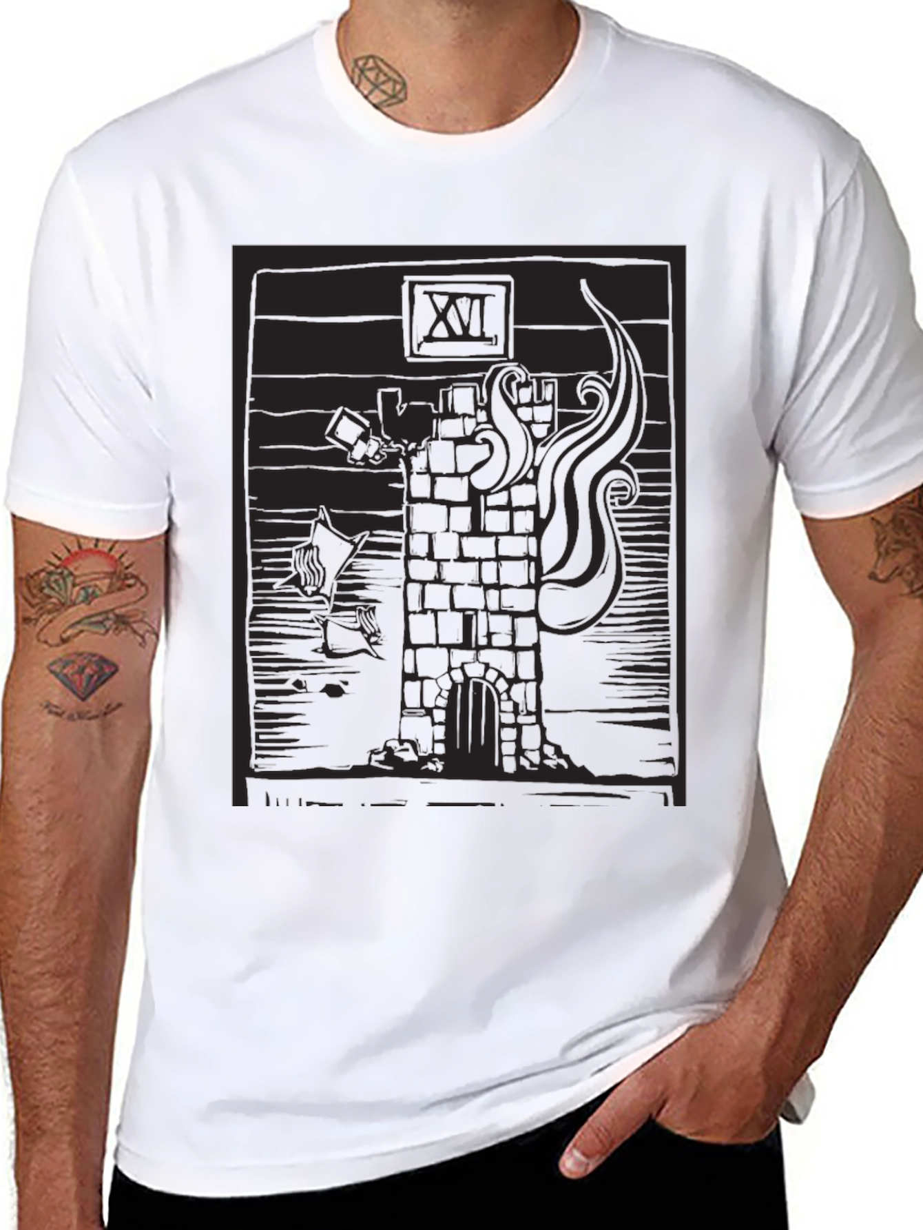 Tower Tarot Card Graphic T-Shirt - Black