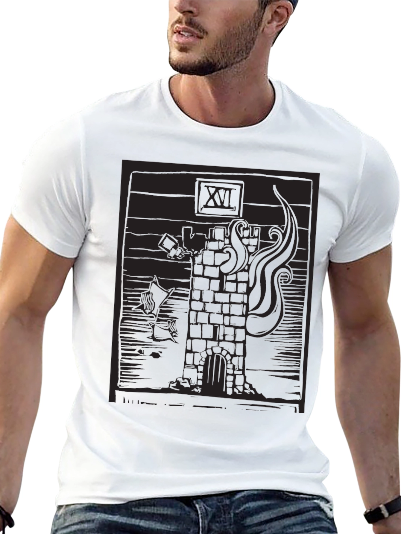 Tower Tarot Card Graphic T-Shirt - Black
