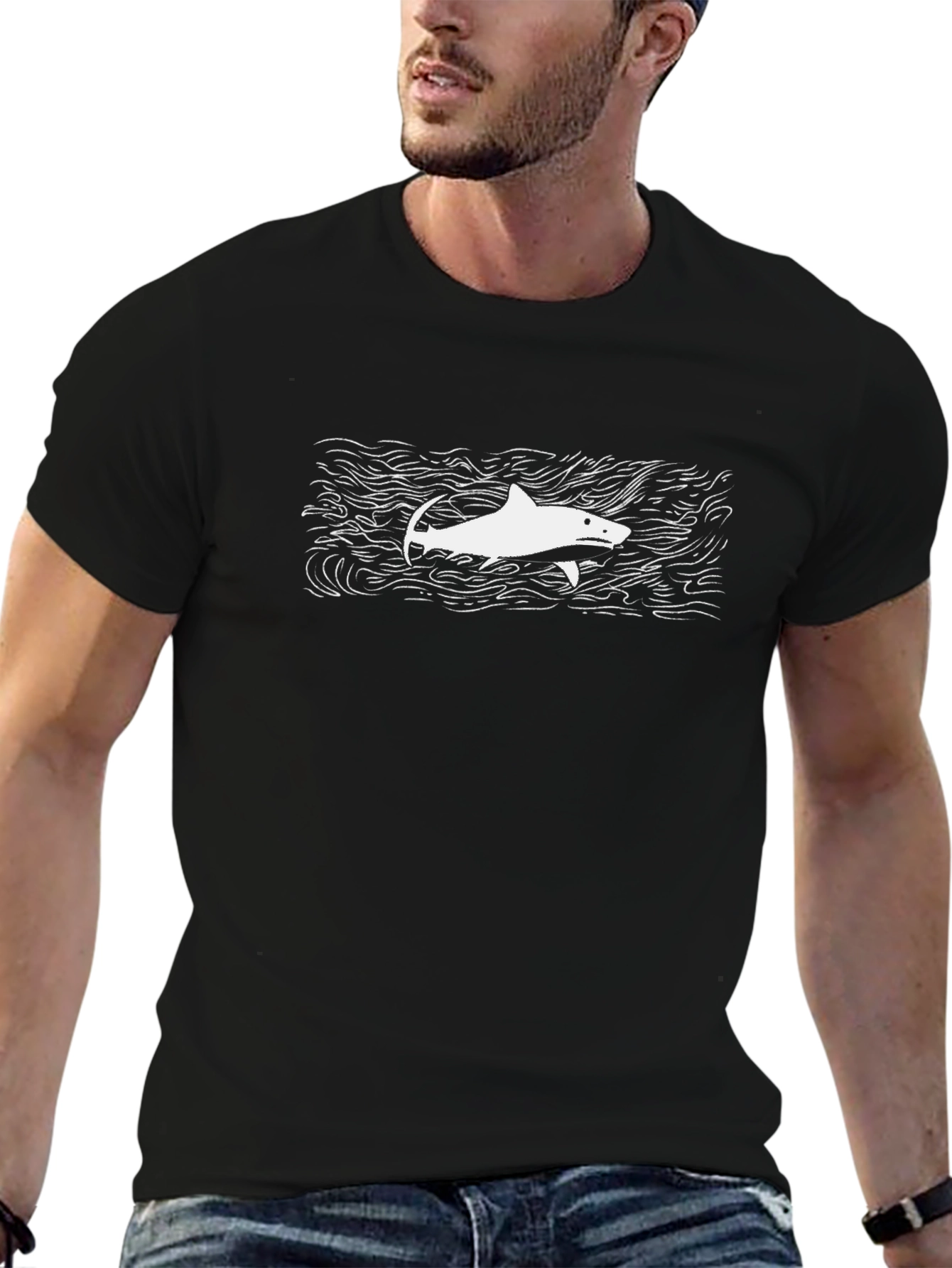 Shark Graphic Tee - Mens Black Cotton T-Shirt