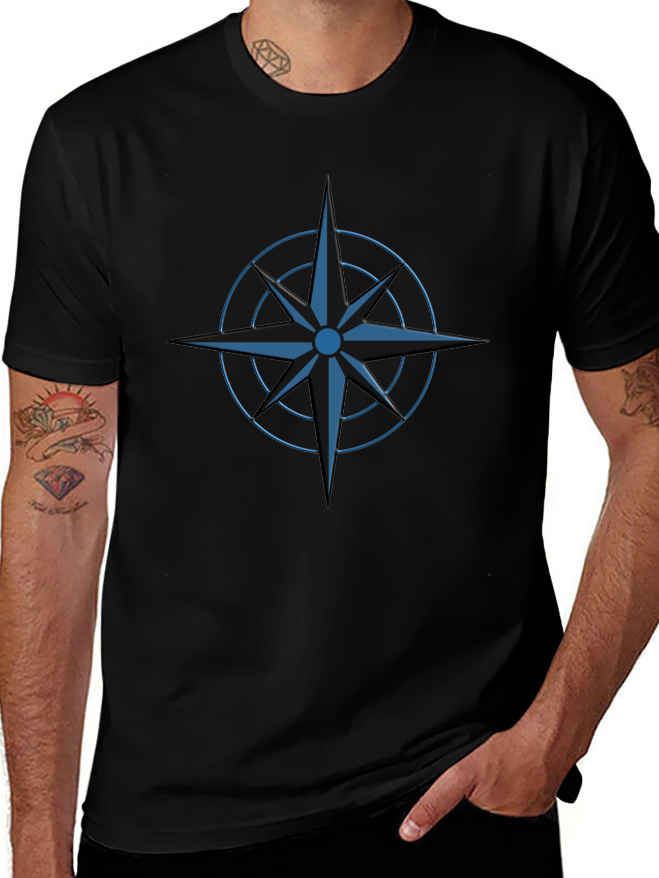 Stylish Black T-Shirt with Blue Compass Design