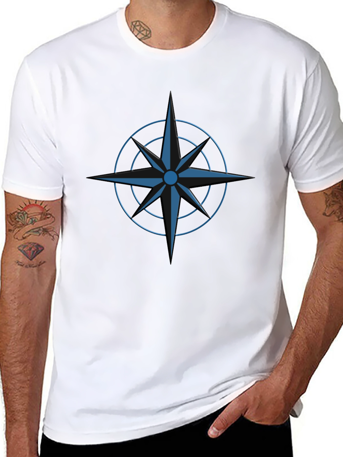 Stylish Black T-Shirt with Blue Compass Design