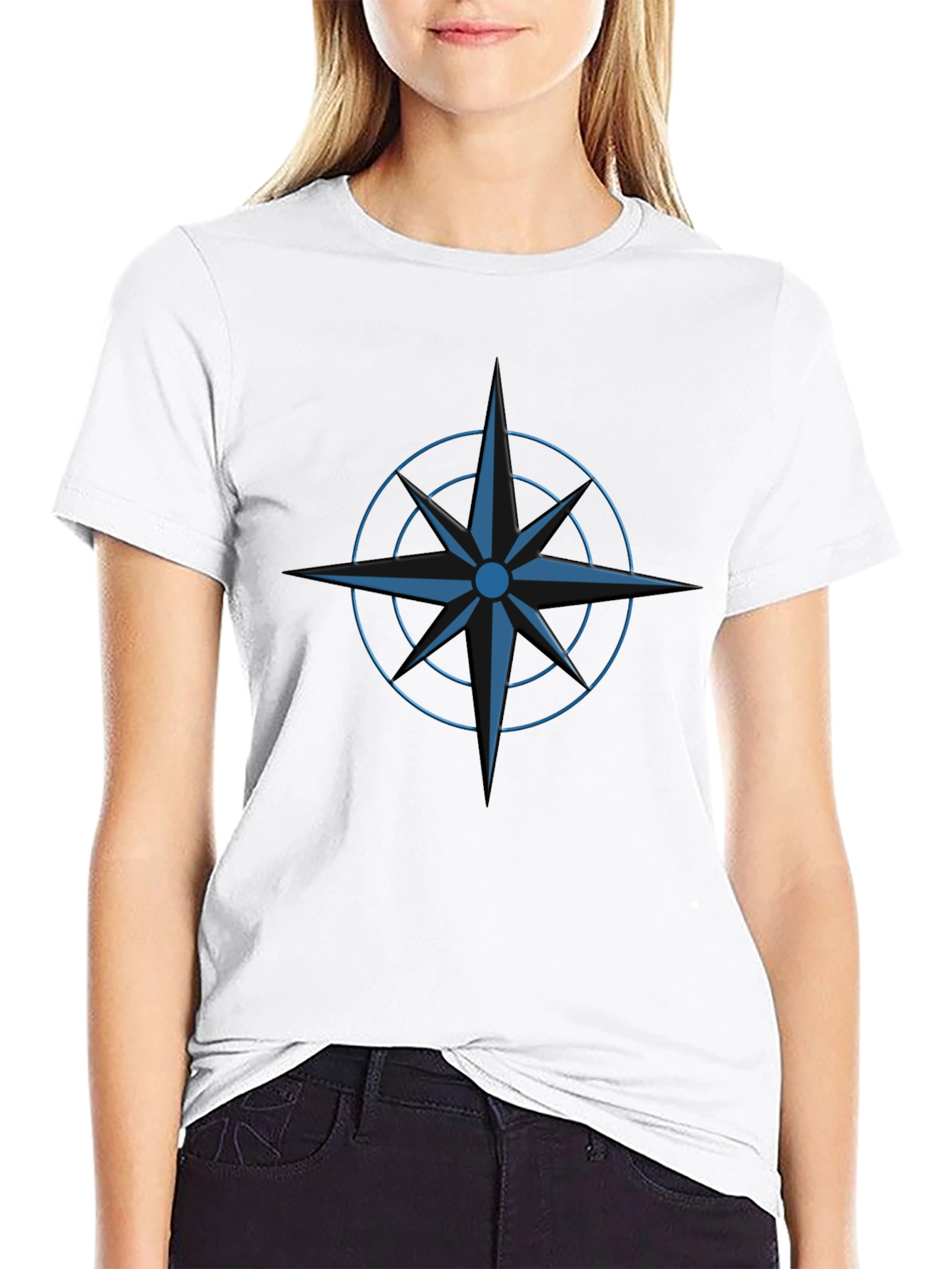 Stylish Black T-Shirt with Blue Compass Design