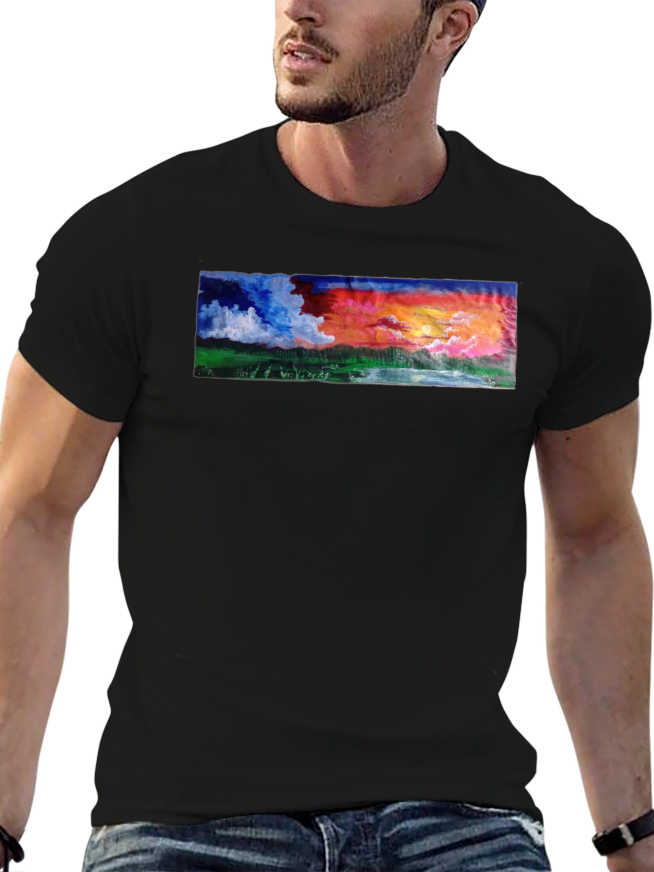 Sunset Landscape Graphic Tee - Black Cotton T-Shirt