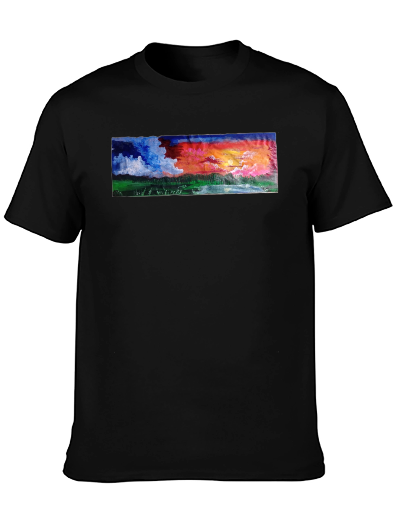Sunset Landscape Graphic Tee - Black Cotton T-Shirt