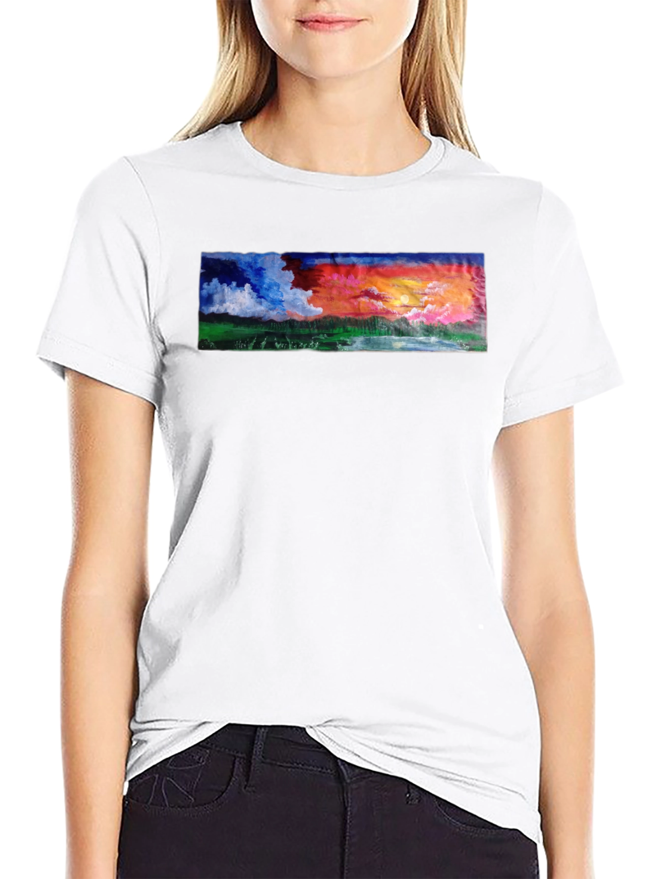 Sunset Landscape Graphic Tee - Black Cotton T-Shirt