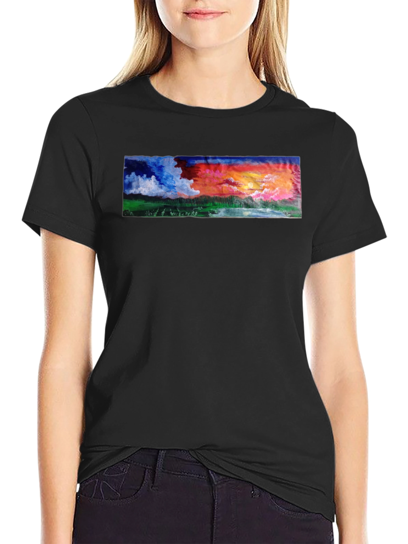 Sunset Landscape Graphic Tee - Black Cotton T-Shirt