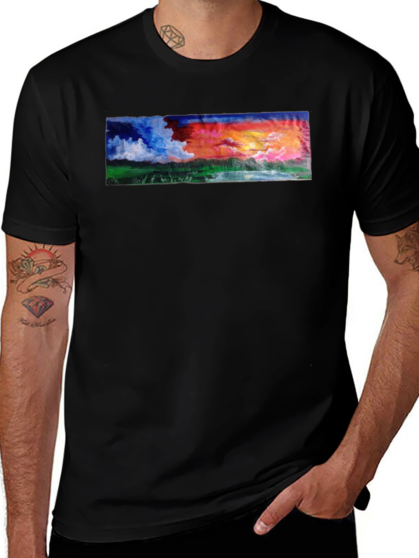 Sunset Landscape Graphic Tee - Black Cotton T-Shirt