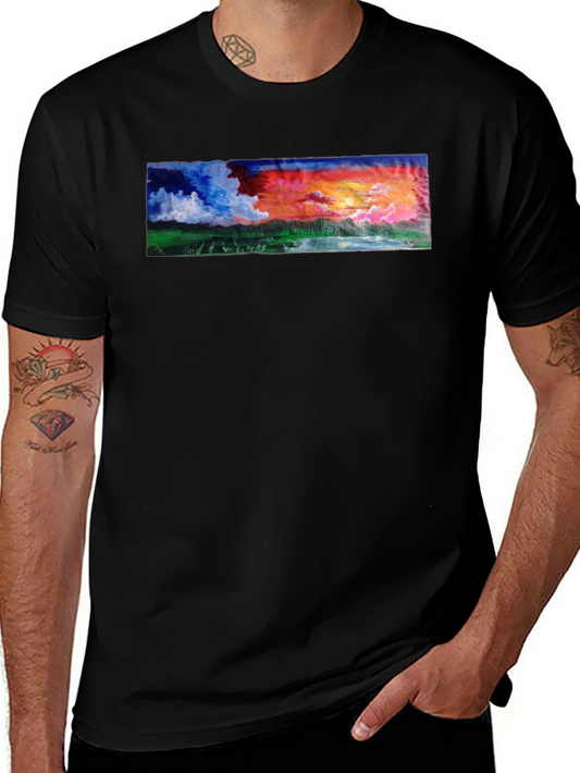 Sunset Landscape Graphic Tee - Black Cotton T-Shirt