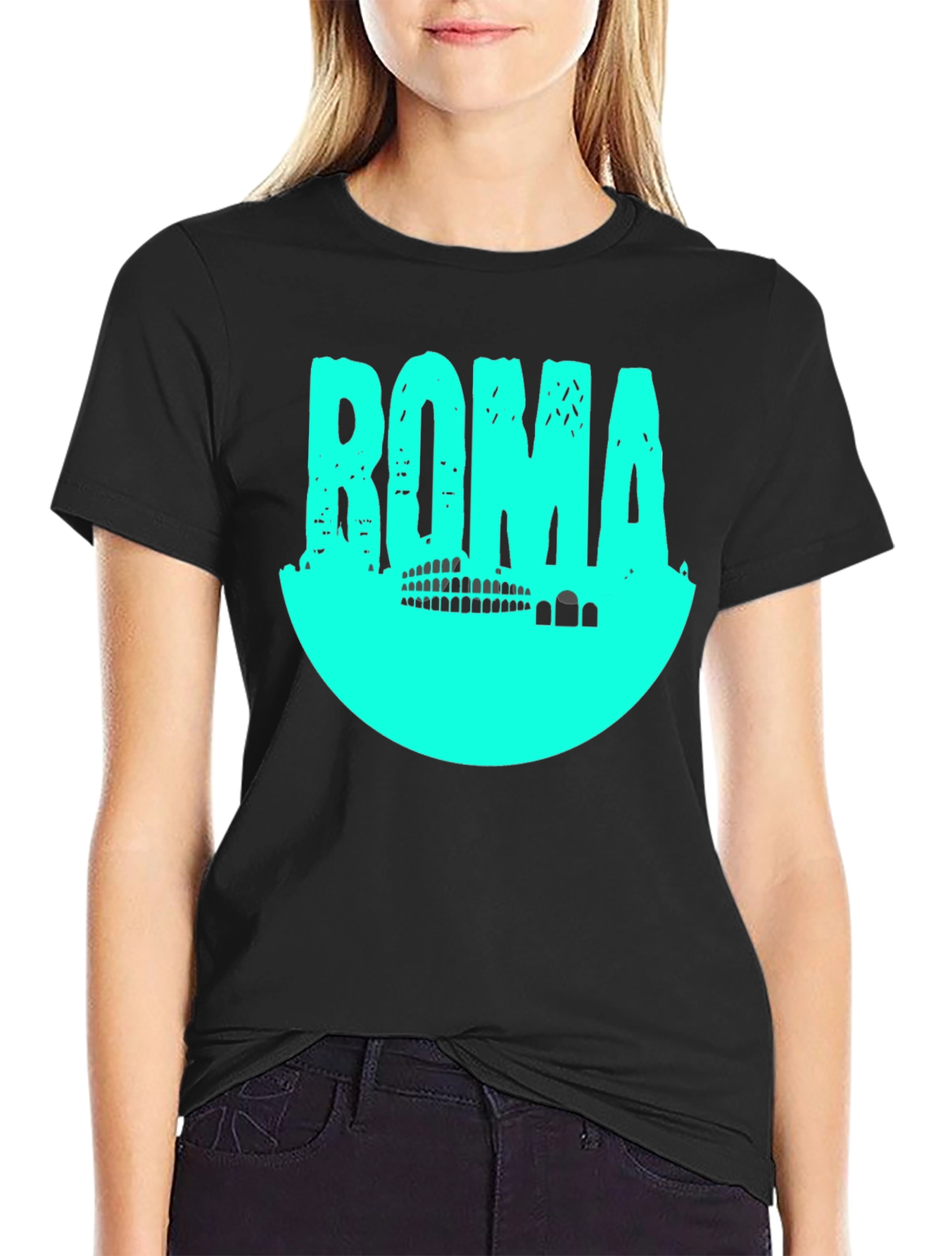 Roma Graphic T-Shirt - Black with Aqua Print
