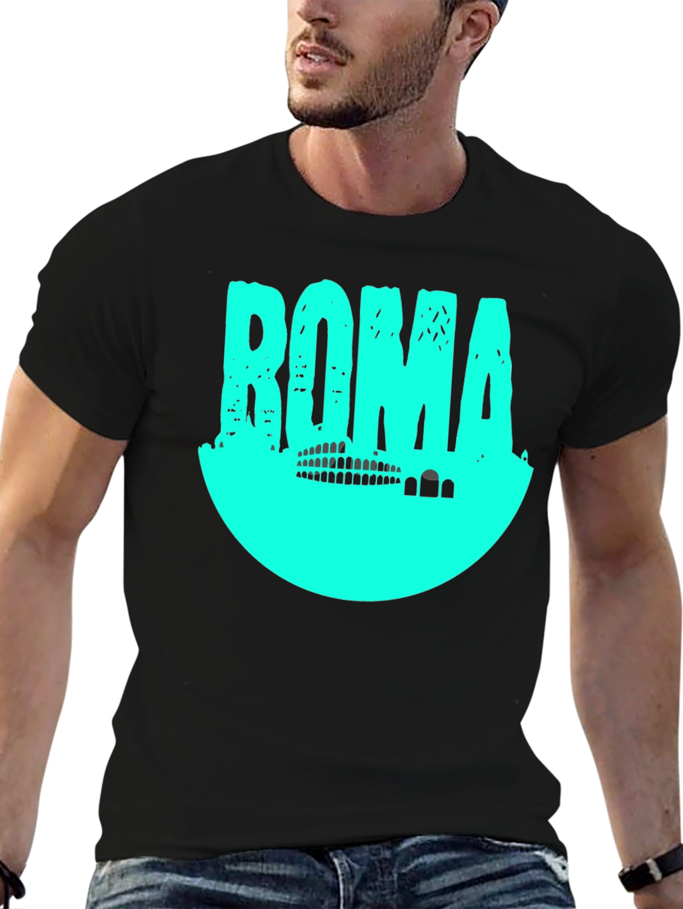 Roma Graphic T-Shirt - Black with Aqua Print