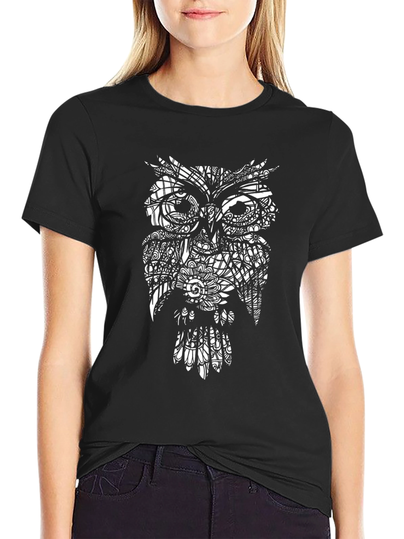 Abstract Owl Graphic Black T-Shirt