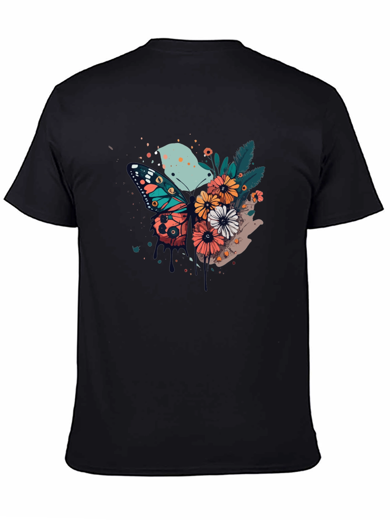 Butterfly & Floral Print Black T-Shirt