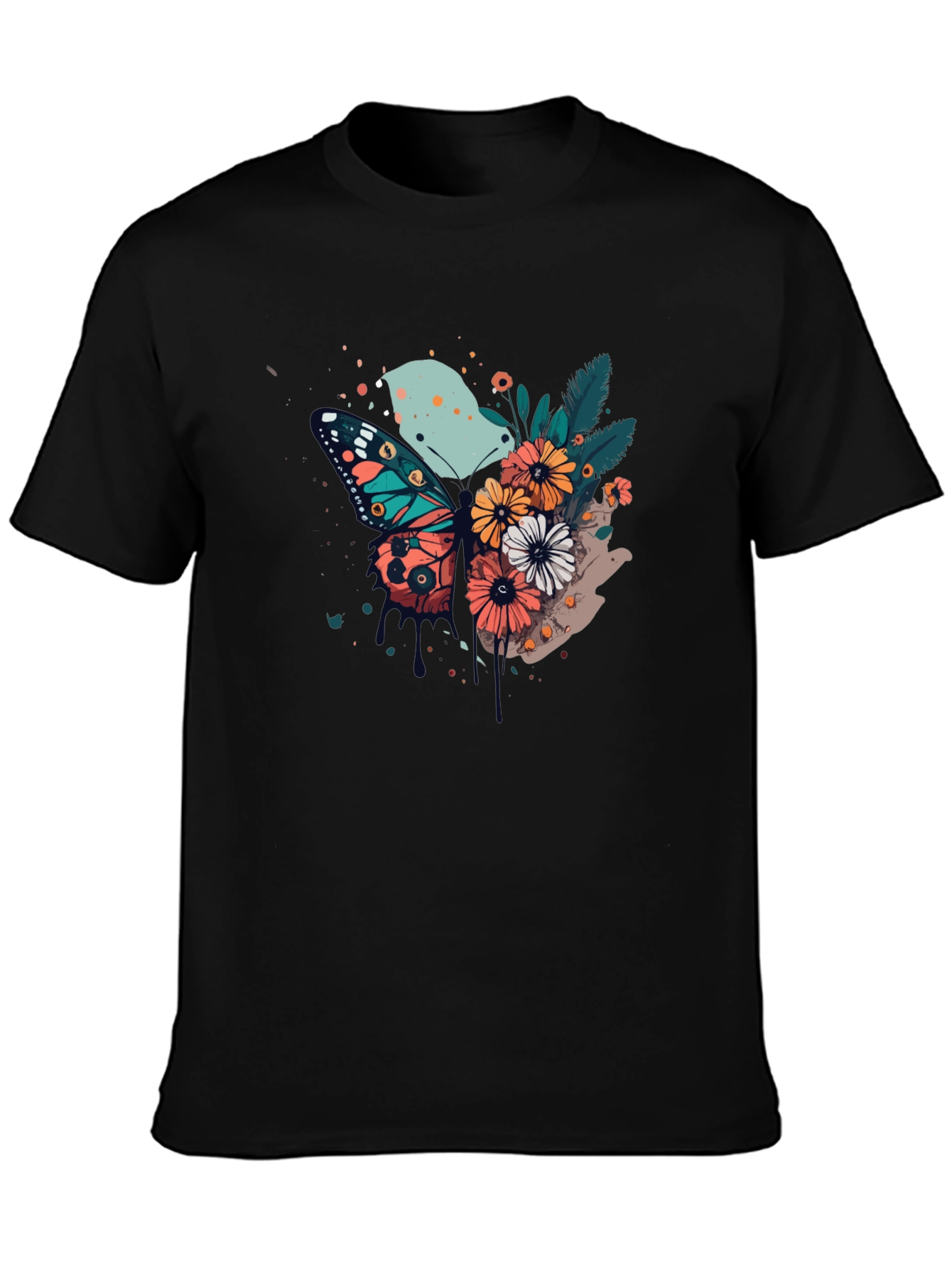 Butterfly & Floral Print Black T-Shirt