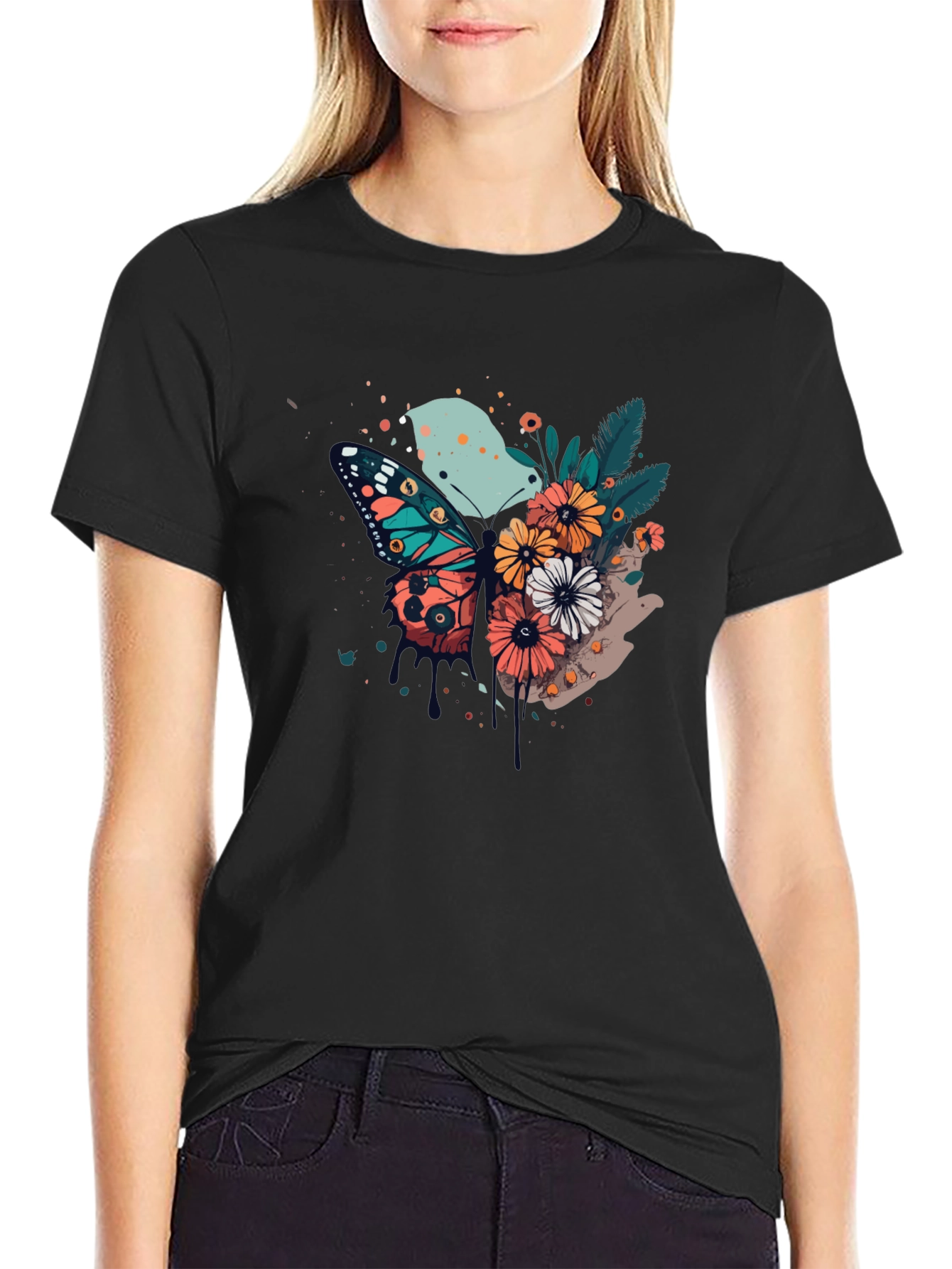 Butterfly & Floral Print Black T-Shirt