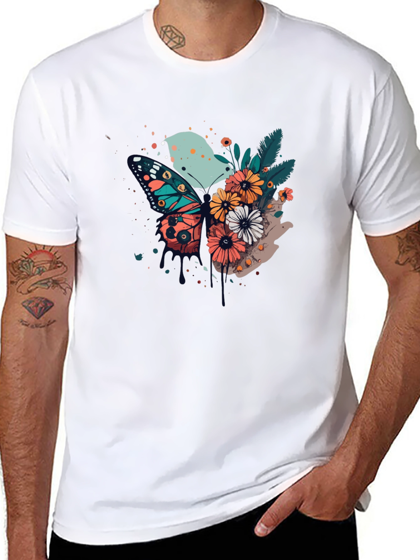 Butterfly & Floral Print Black T-Shirt