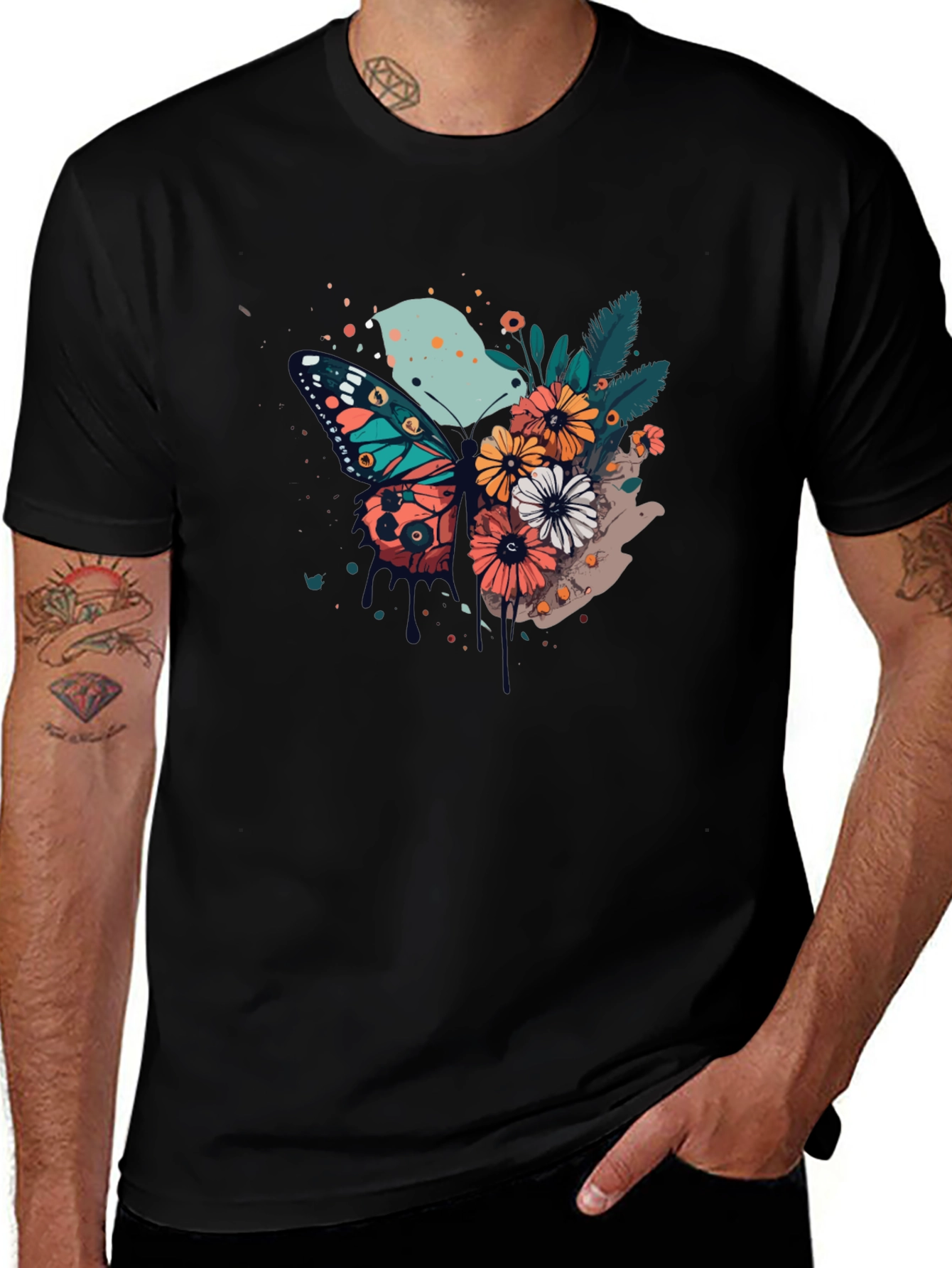 Butterfly & Floral Print Black T-Shirt