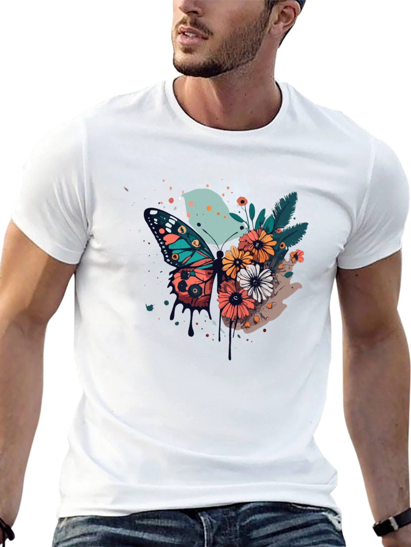 Butterfly & Floral Print Black T-Shirt