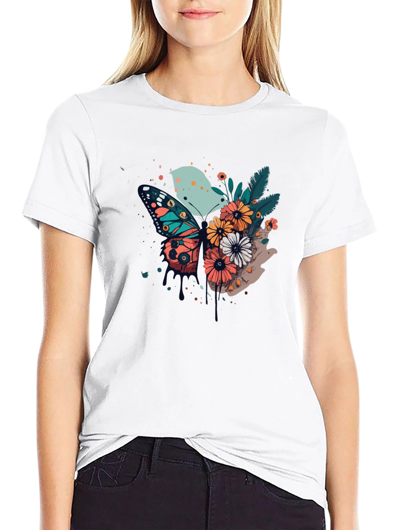 Butterfly & Floral Print Black T-Shirt