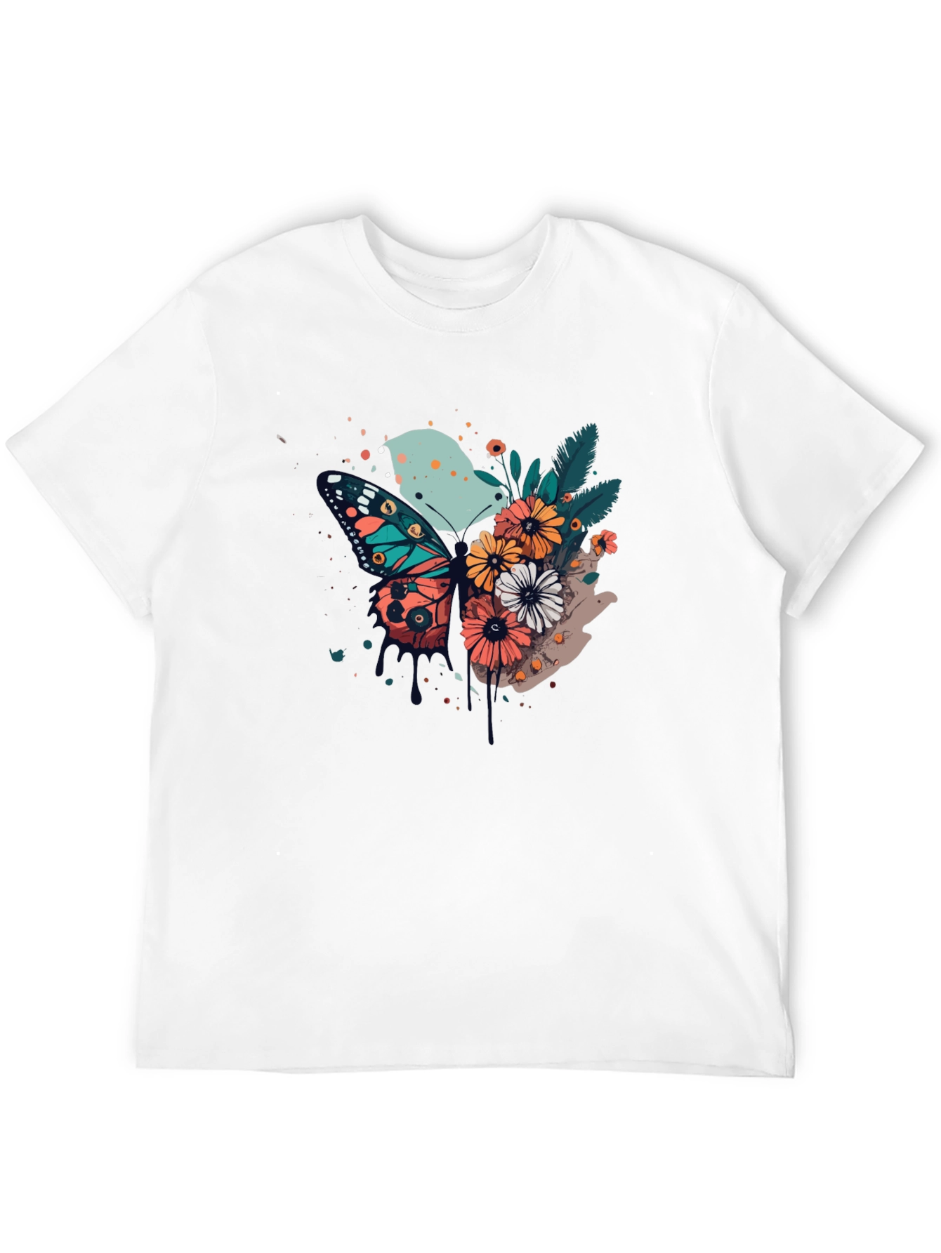 Butterfly & Floral Print Black T-Shirt