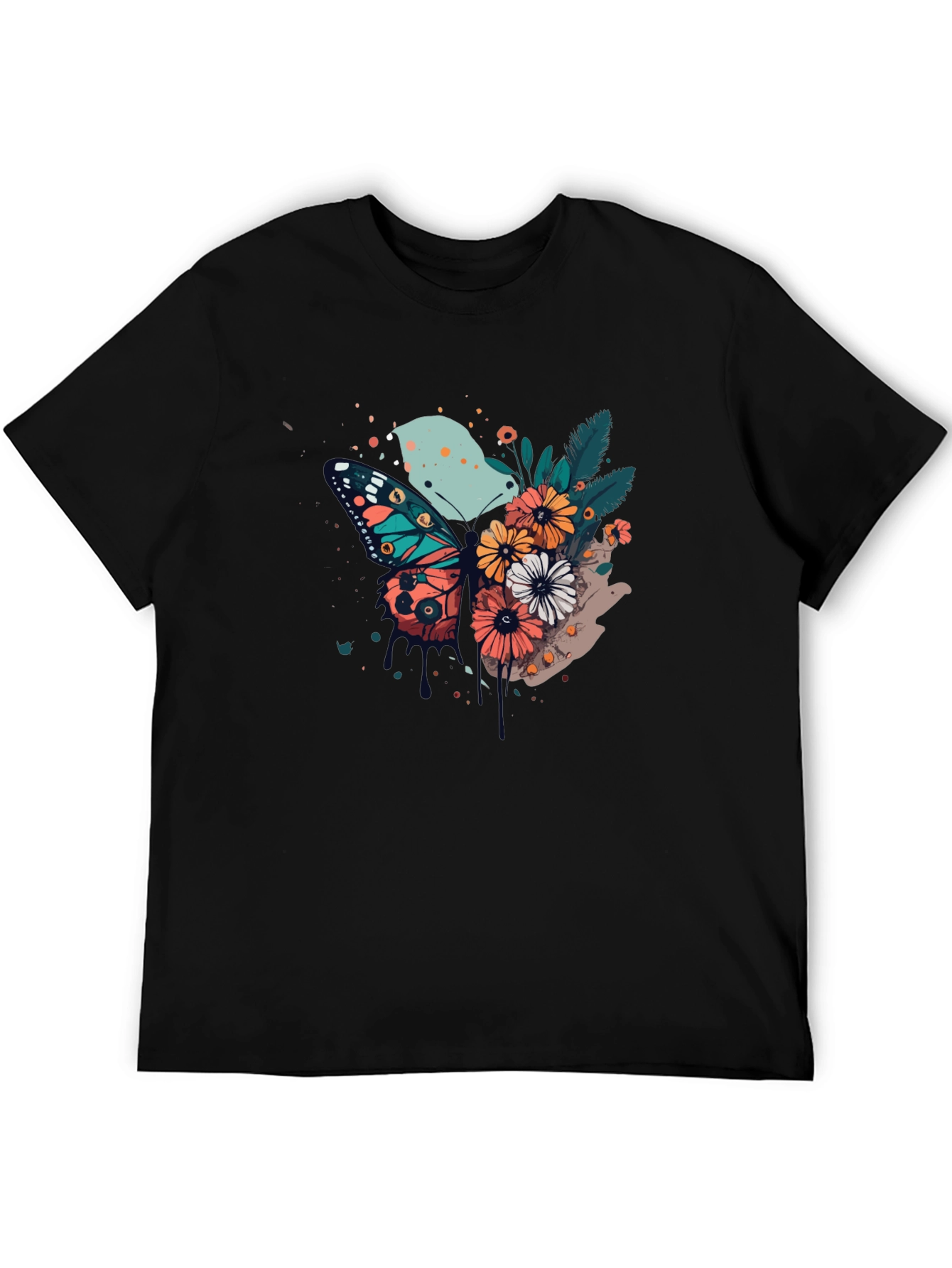 Butterfly & Floral Print Black T-Shirt