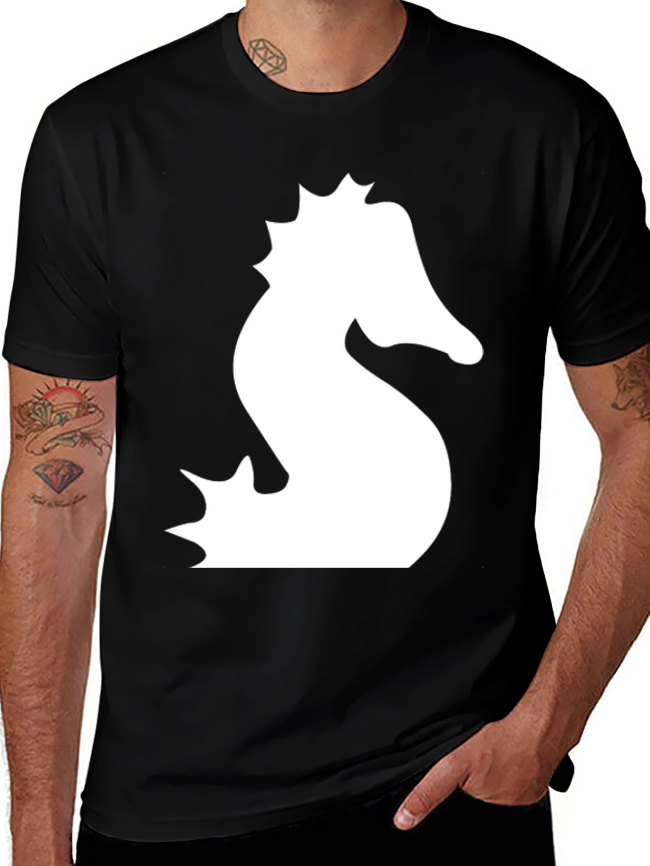 Black T-Shirt with White Seahorse Graphic