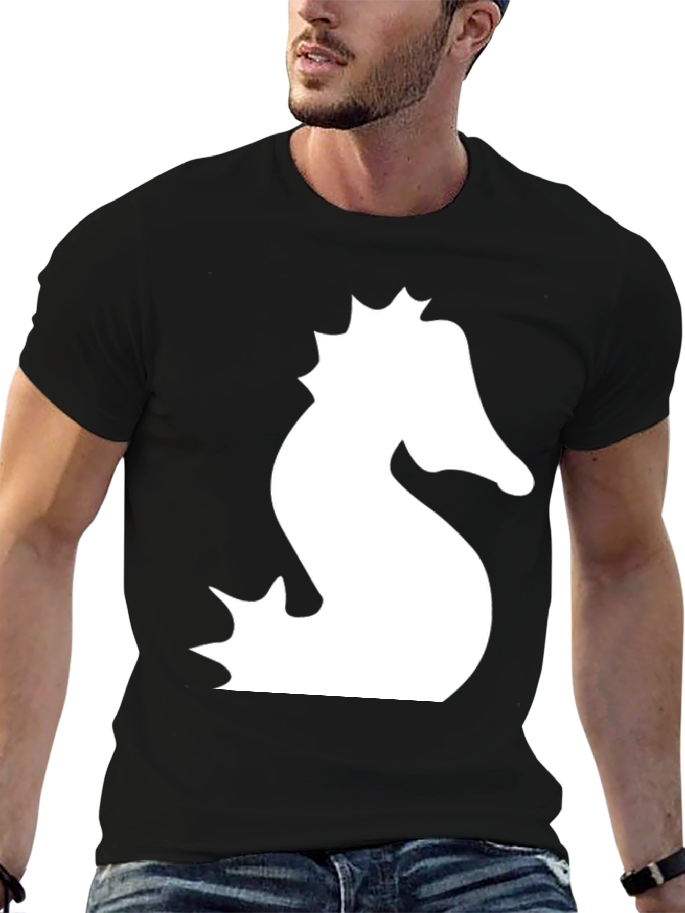 Black T-Shirt with White Seahorse Graphic