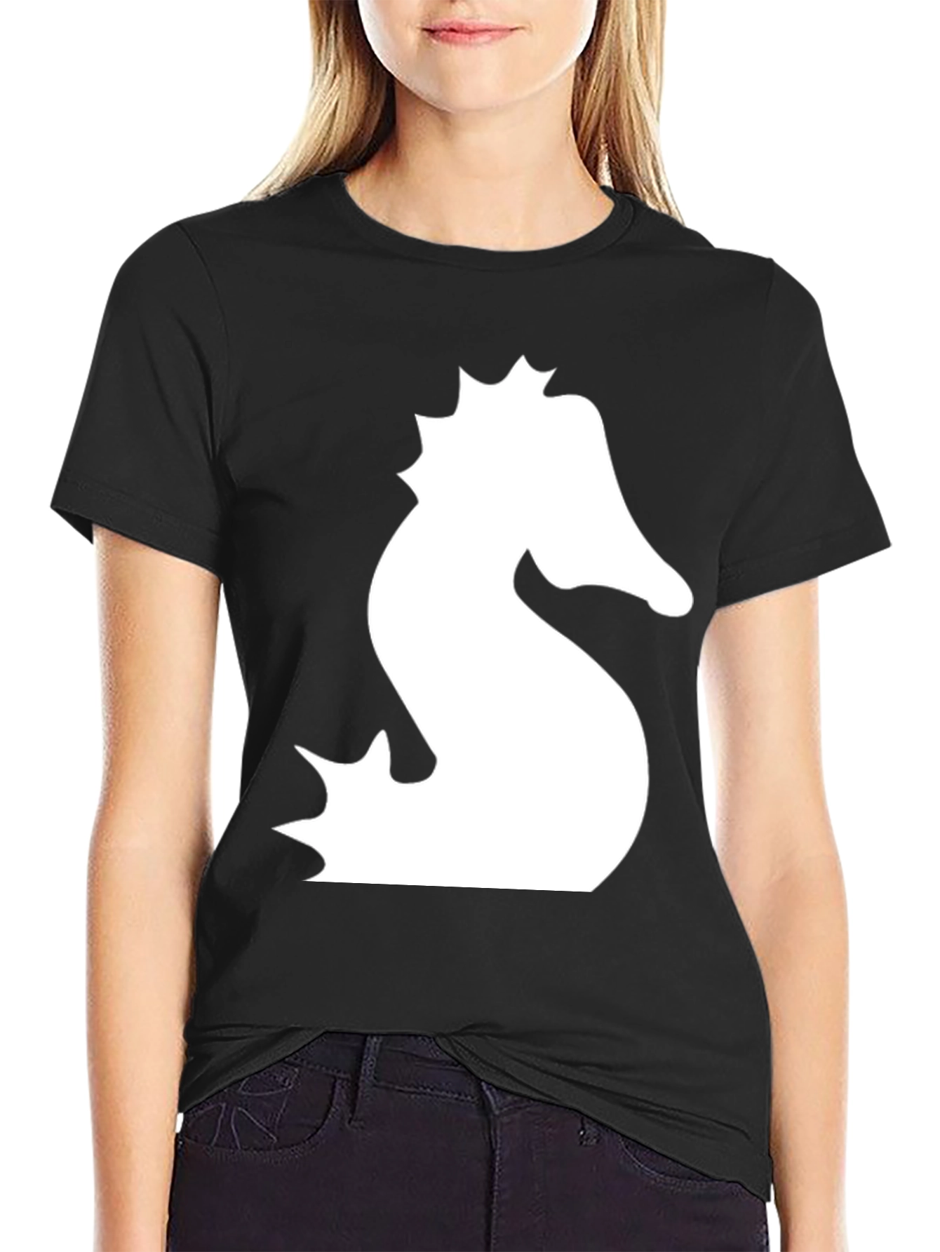 Black T-Shirt with White Seahorse Graphic