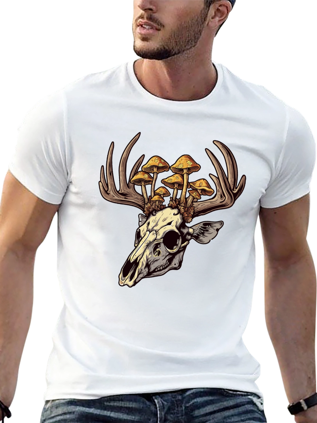 Skull & Mushroom Antlers Graphic T-Shirt