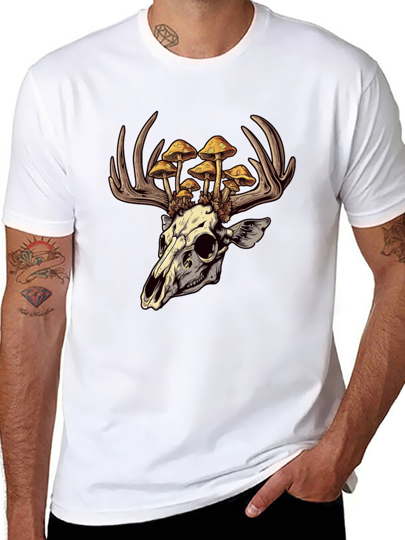 Skull & Mushroom Antlers Graphic T-Shirt