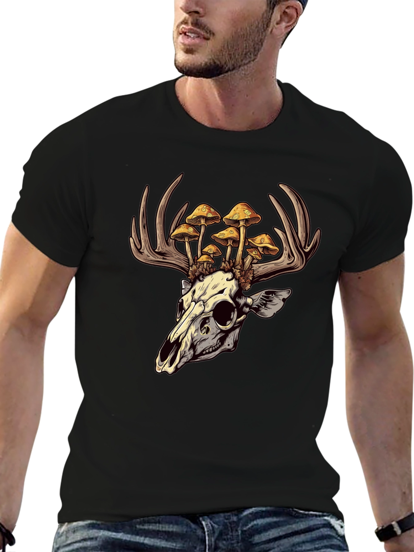 Skull & Mushroom Antlers Graphic T-Shirt