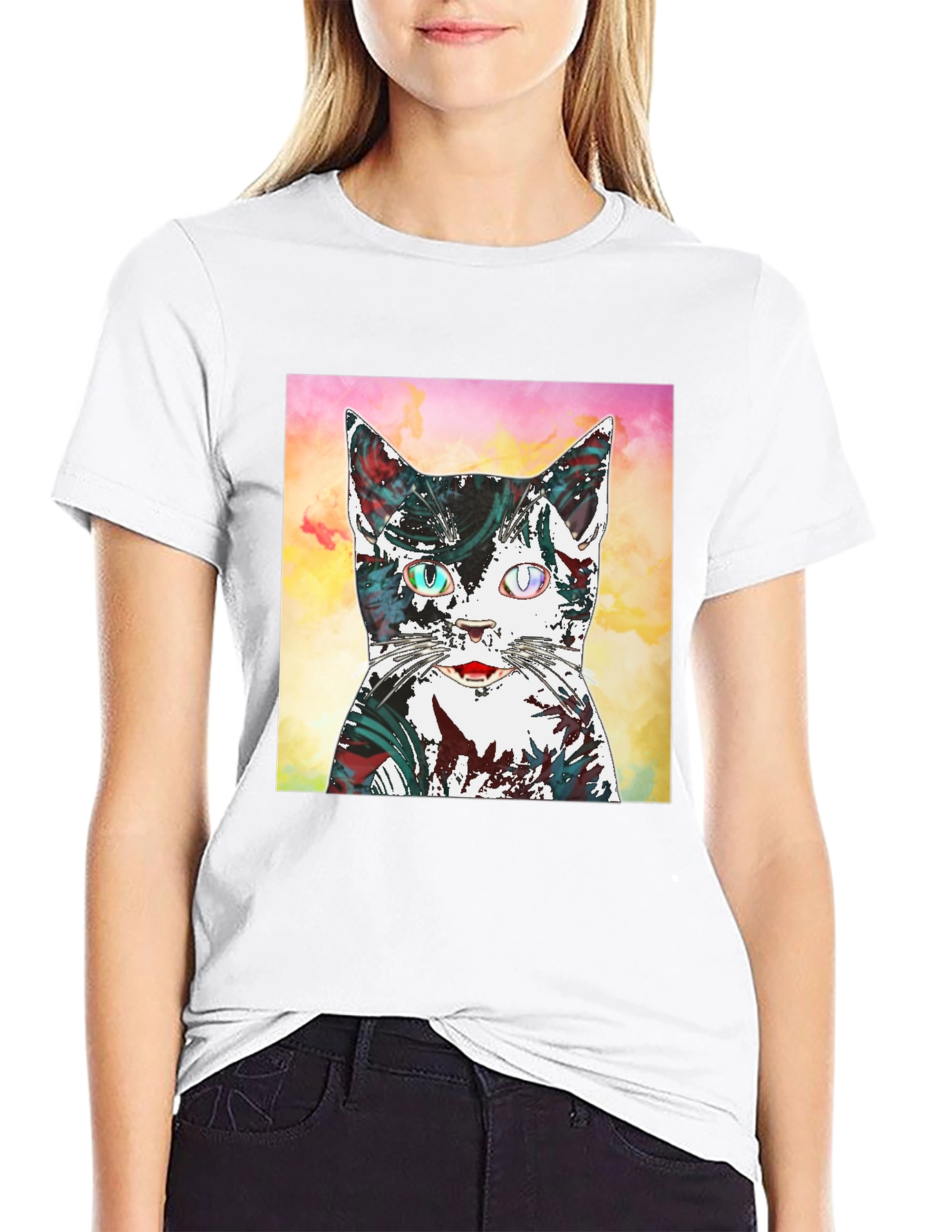 Abstract Cat Graphic Black T-Shirt