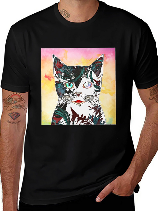 Abstract Cat Graphic Black T-Shirt