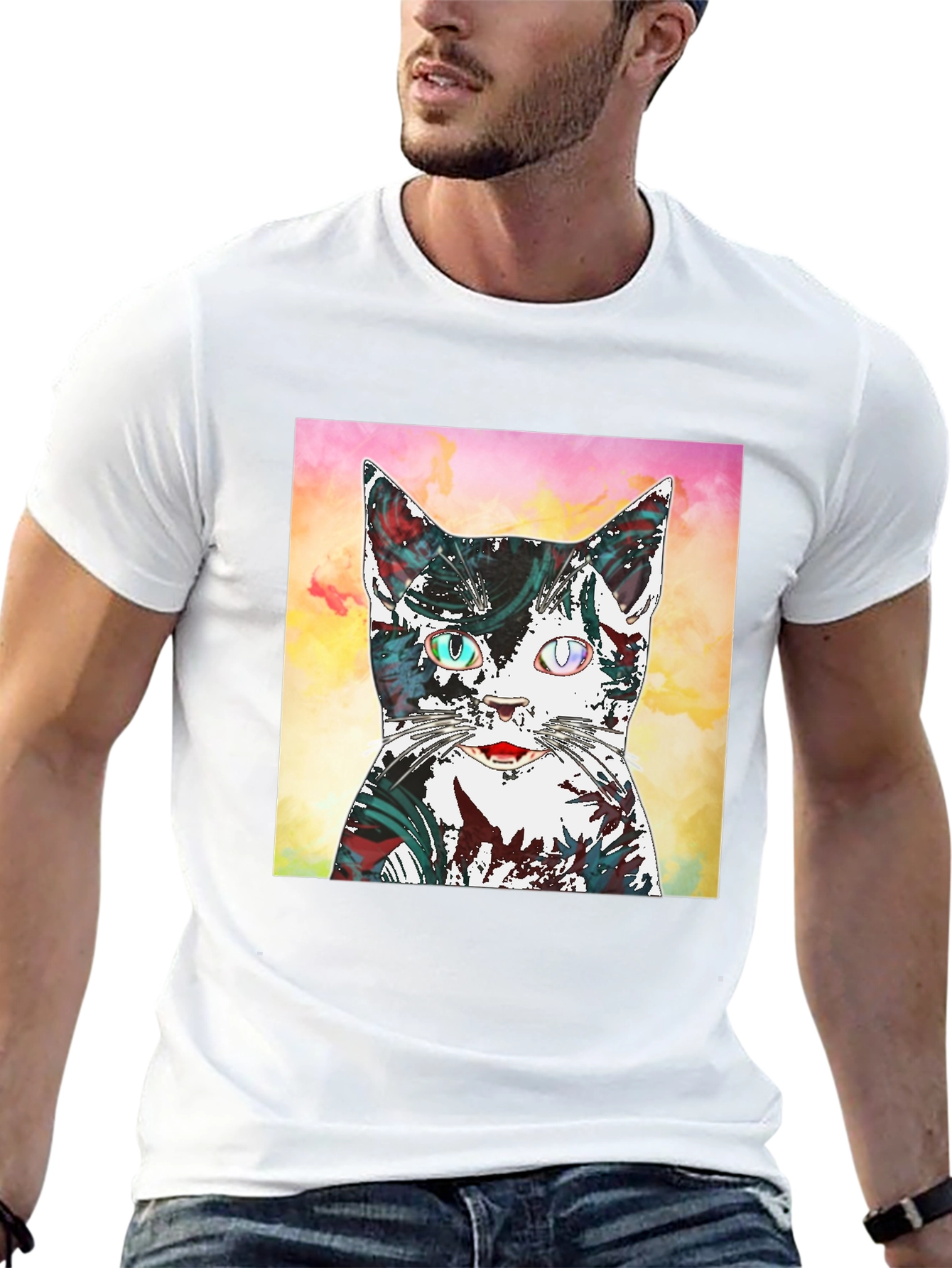 Abstract Cat Graphic Black T-Shirt
