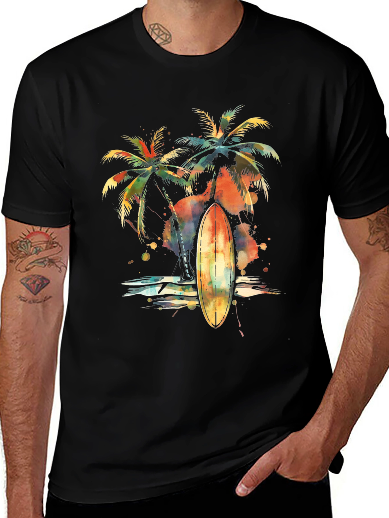 Tropical Surfboard Palm Tree Graphic Tee