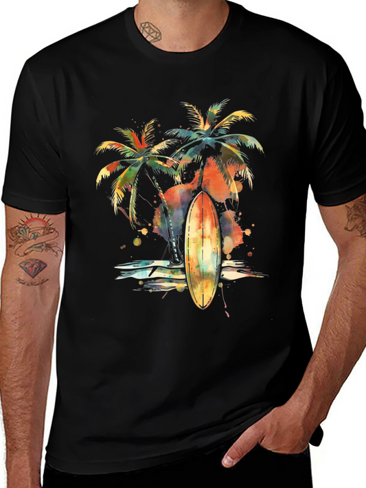 Tropical Surfboard Palm Tree Graphic Tee