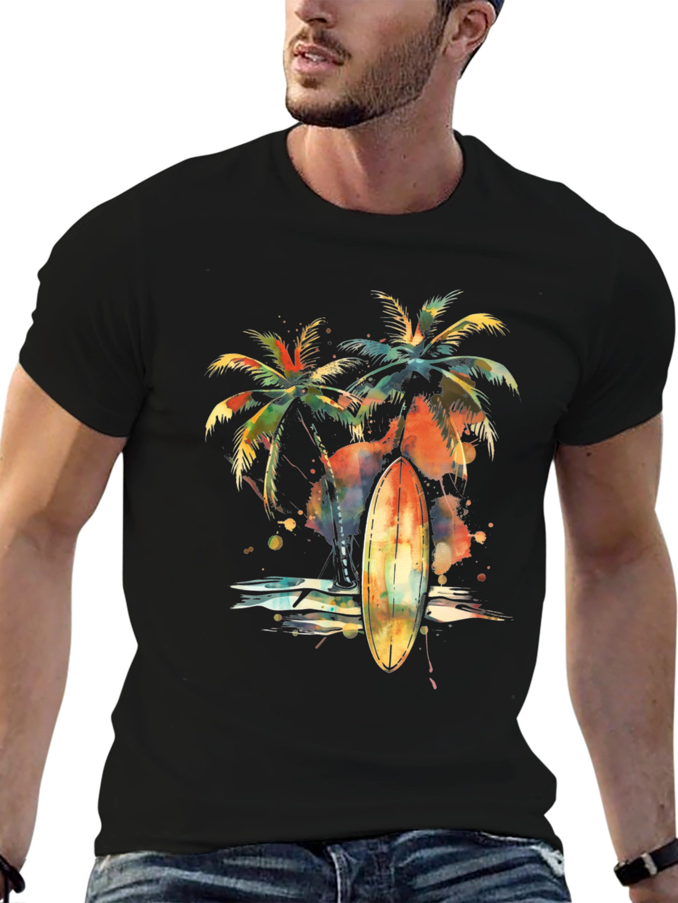 Tropical Surfboard Palm Tree Graphic Tee