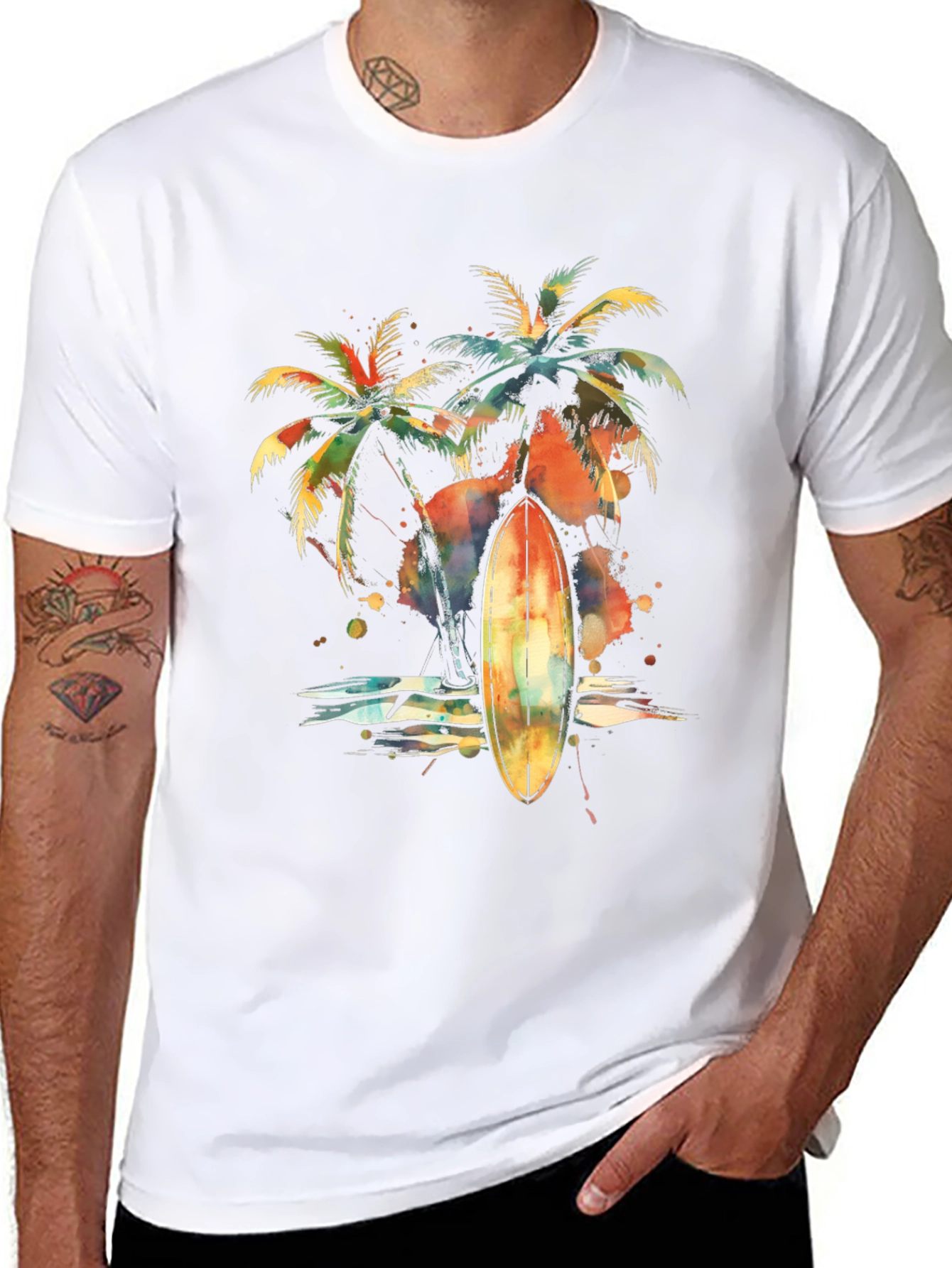 Tropical Surfboard Palm Tree Graphic Tee