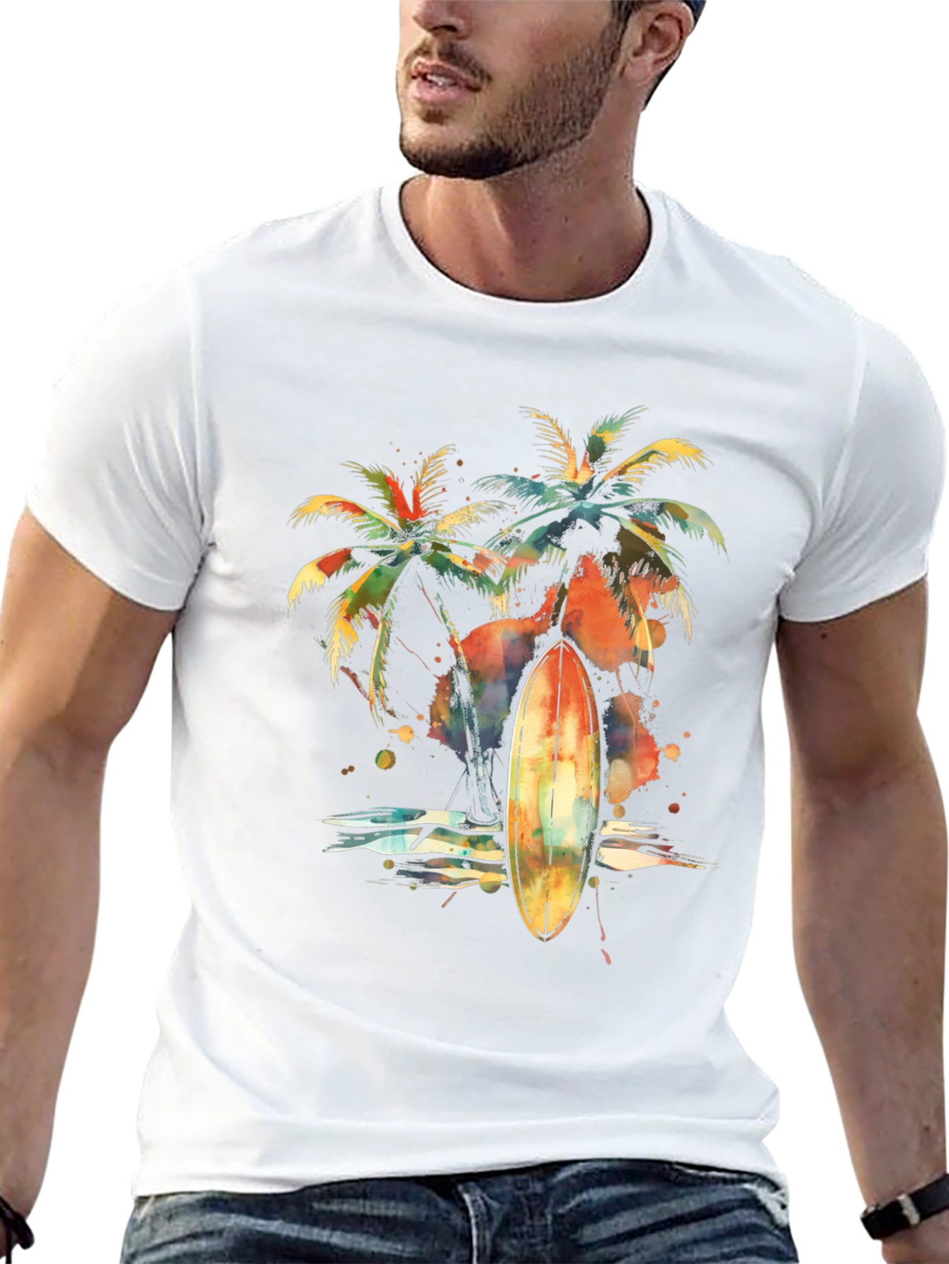 Tropical Surfboard Palm Tree Graphic Tee