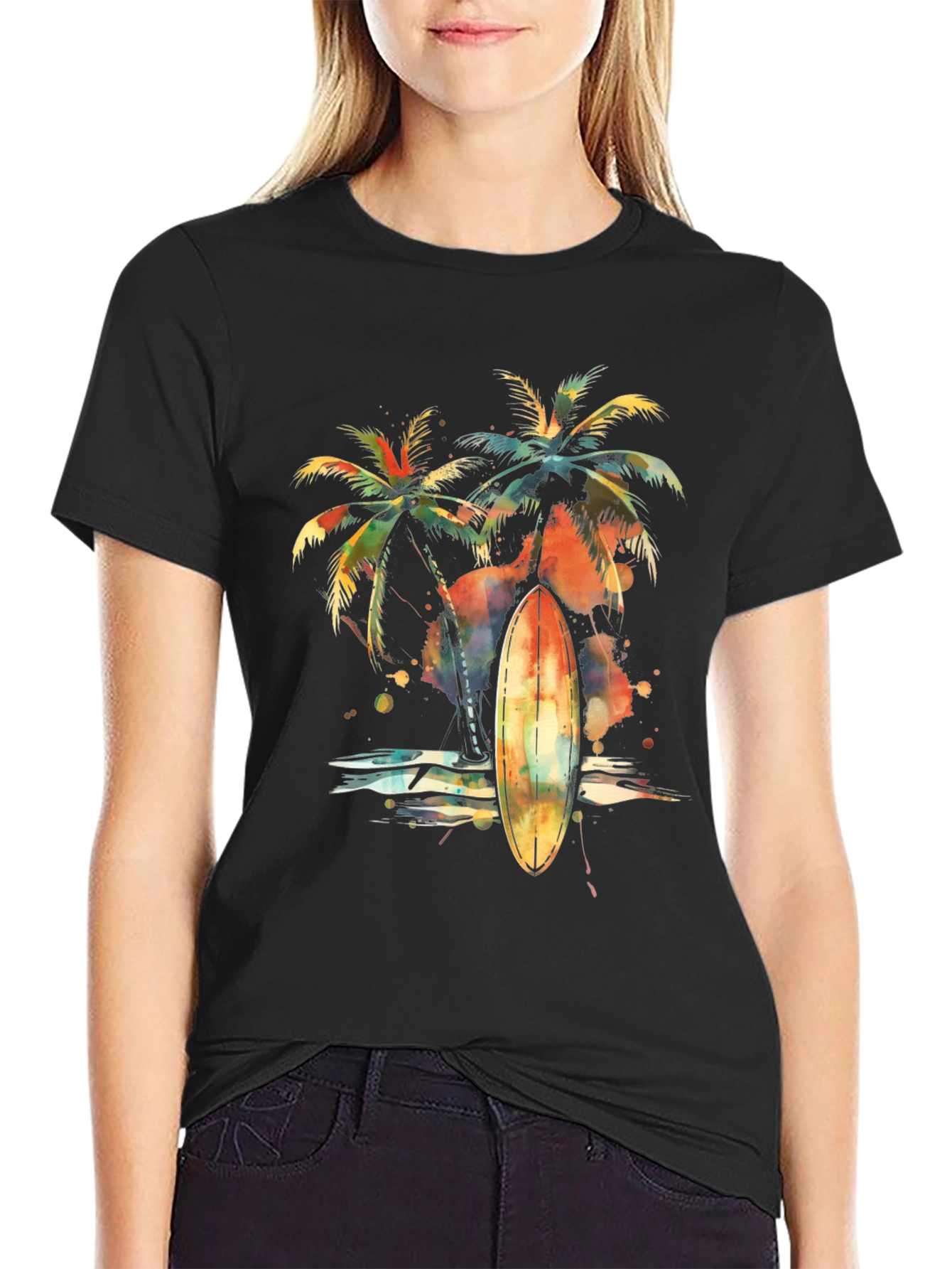 Tropical Surfboard Palm Tree Graphic Tee