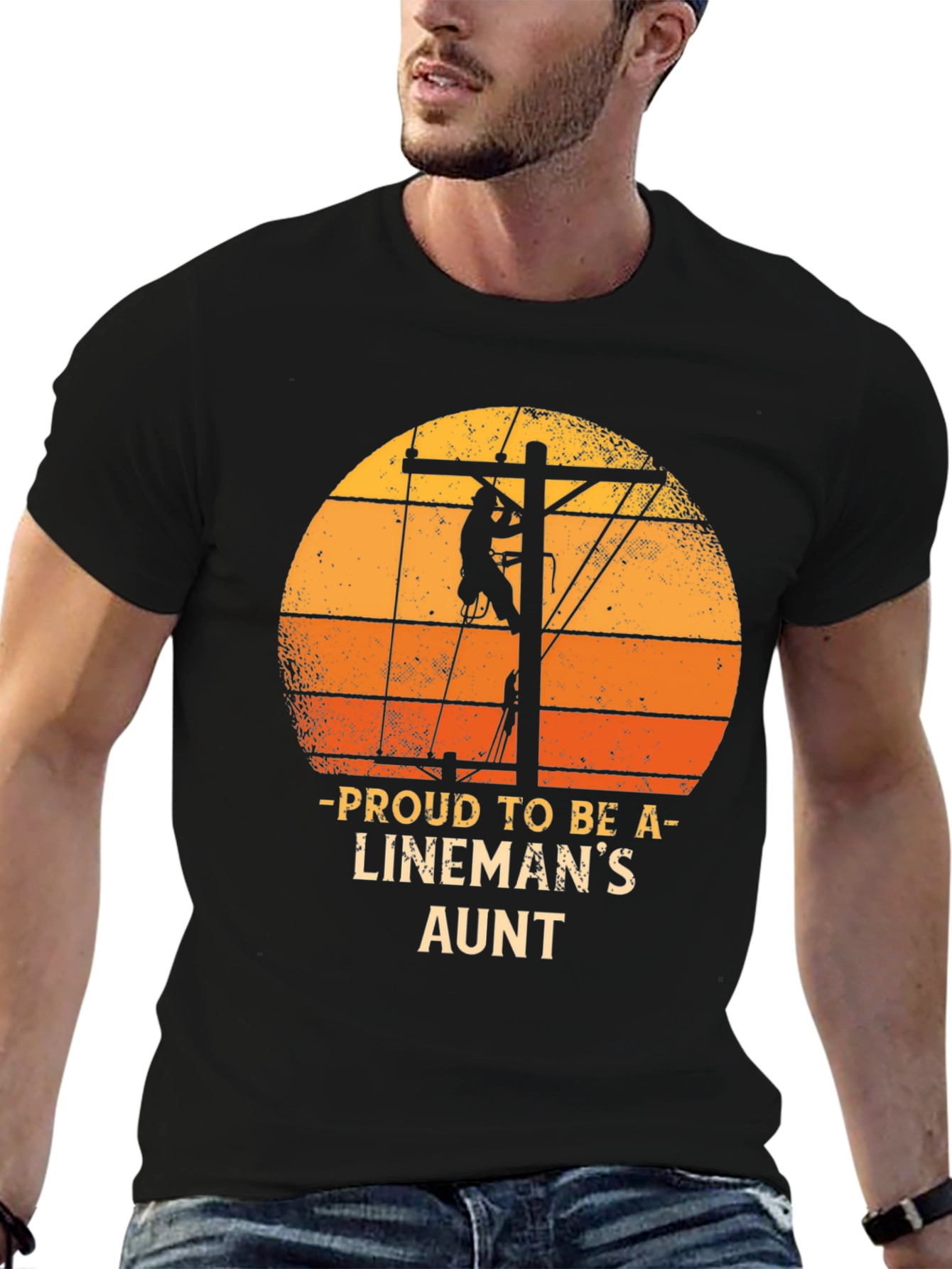 Proud Linemans Aunt T-Shirt Retro Sunset Lineworker Tee