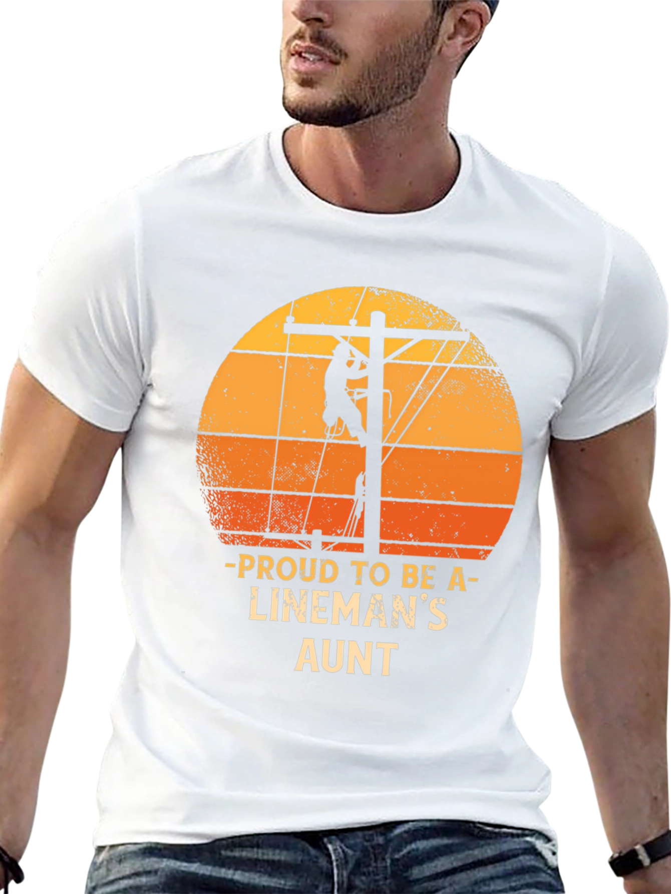 Proud Linemans Aunt T-Shirt Retro Sunset Lineworker Tee